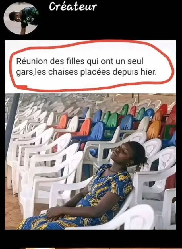 😂 UNE SEULE CHAISE… MAIS UNE SEULE PLACE DANS LE CŒUR ! Réunion des filles qui ont un seul gars : les chaises ont été réservées depuis hier. 😂😂 Quand tu as un seul homme, tu ne viens pas à la réunion pour écouter les autres… tu viens surtout pour surveiller ton siège. 😭🤣 Parce qu’aujourd’hui, avoir un seul gars demande de la concentration : une chaise ici, un œil là-bas, et surtout… zéro distraction ! 😂 Mais soyons honnêtes : 👉 Une fille qui a vraiment un seul gars, est-ce qu’elle peut rester tranquille dans une salle remplie de célibataires ? 👀😂 Tag la fille qui dit : « Moi, je suis fidèle à un seul homme » 😂👇 #funny #meme #viraltiktok 