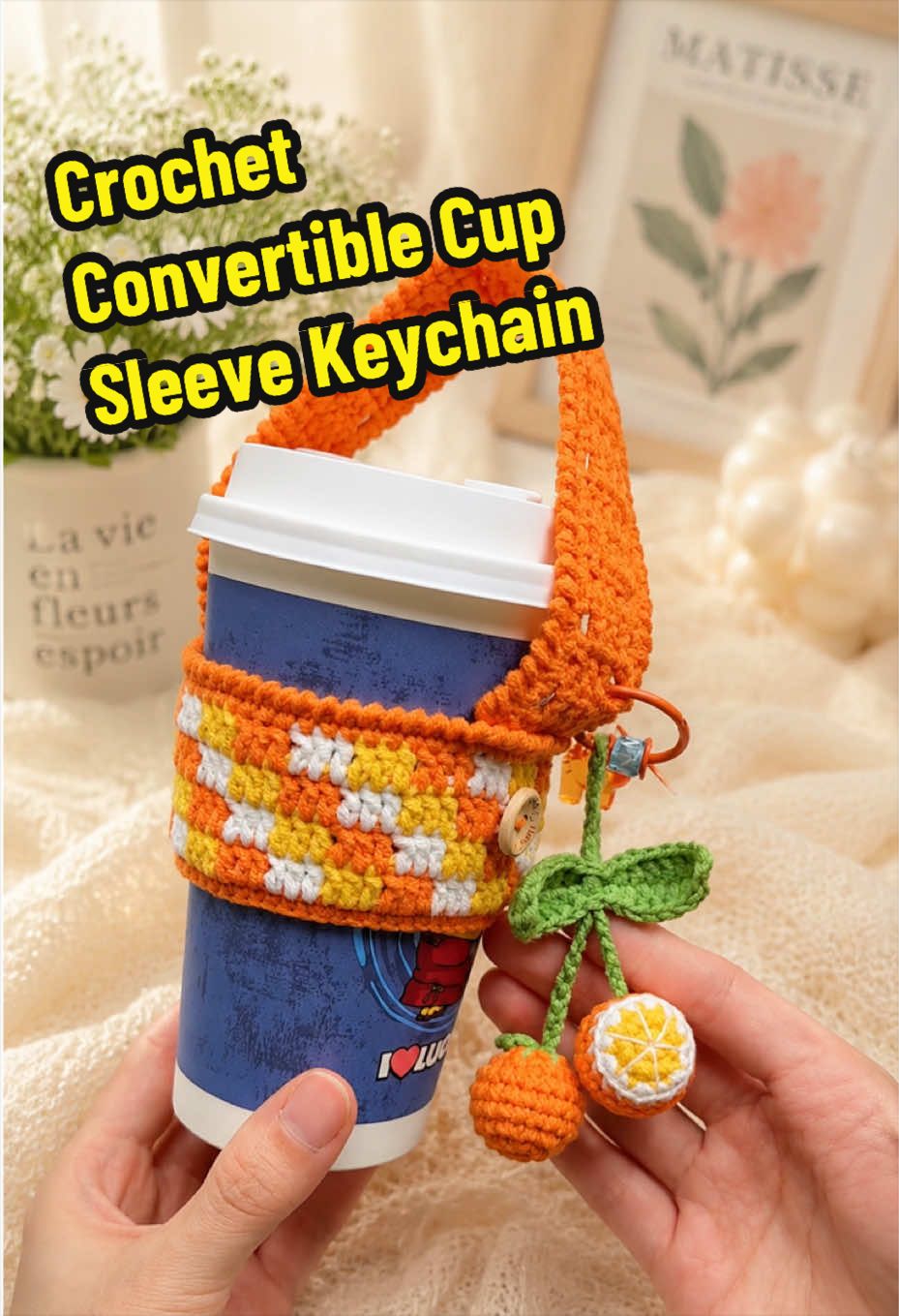 Crochet Convertible Cup Sleeve Keychain | Easy 4 Ply Milk Cotton DIY Crochet a cute convertible cup sleeve keychain using 4 ply milk cotton yarn and a 2.0 mm crochet hook. This beginner-friendly project folds into a bag charm and unfolds into a reusable cup sleeve. #Crochet #CupSleeve #MilkCottonYarn #CrochetKeychain #CrochetTutorial