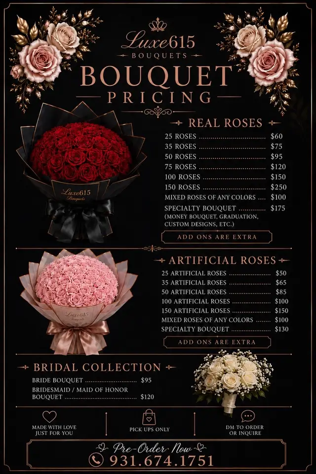 Luxe 615 Bouquets is growing, and with that comes a few pricing updates to continue providing quality, creativity, and luxury in every bouquet I create. Whether you're celebrating a birthday, graduation, anniversary, retirement, proposal, wedding, or simply want to make someone's day special, I have a bouquet for every occasion. 🌹Real Rose Bouquets 🌹Artificial Rose Bouquets 👰🏽‍♀️Bridal Collection ✨Custom & Specialty Designs Available Add-ons such as custom ribbon, butterflies, photos, glitter roses, and more are available for an additional charge. 📍Pick-Ups or Uber Couriers only 📍 Nashville Metro Center Area 💰 Full Payment Required to Book Thank you to everyone who continues to support Luxe 615 Bouquets. Your support allows me to keep growing and creating beautiful arrangements for life's special moments. DM to book or inquire. Limited booking availability each week - secure your spot early! #luxe615bouquets #nashvilleflorist #nashvillebouquets #explorepage #rosebouquet 