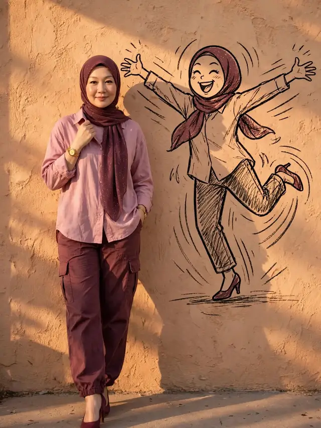 You try to look put-together and modest, shirt fully buttoned, soft smile, hand on collar, giving calm girlie energy... but your inner self is LITERALLY having a rave on the wall behind you. Me in real life: dusty pink shirt tucked perfect, maroon cargo pants, glitter hijab on point, trying to be aesthetic. Me as a doodle: ARMS WIDE, one leg up, maroon heels kicking, pure unfiltered happiness with motion lines everywhere. This is literally me vs me. The calm, buttoned-up version vs the chaotic happy version I can't hide. Which one are you today? The calm pose or the dancing doodle? 👇 Want to use this AI prompt for your own AI image? ✨ How to copy the prompt: Swipe to the left ➡️, screenshot the prompt, then upload the screenshot to your AI tool and ask it to convert the image into editable text. Simple, quick, and ready for you to customize. Save this post so you can come back to it anytime. 🖤 #GeminiAI  #AiPrompt  #creatorsearchinsights  #coachleaclans  #sahabatbosskay 