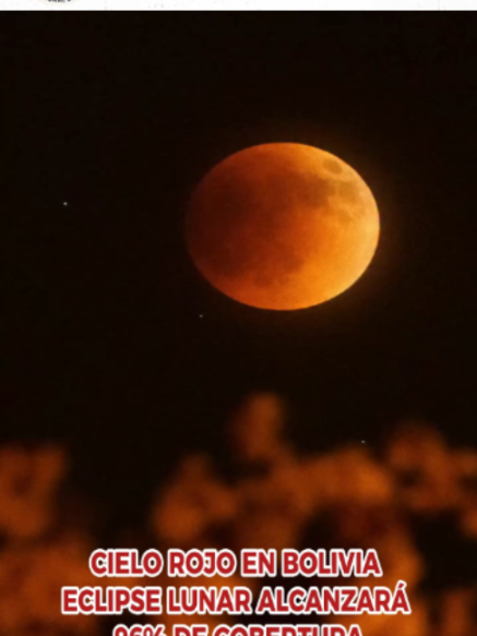 CIELO ROJO EN BOLIVIA ECLIPSE LUNAR ALCANZARÁ 96% DE COBERTURA Entre la noche del jueves 27 y la madrugada del viernes 28 de agosto se podrá observar un eclipse lunar parcial en todo el país. La fase penumbral comenzará a las 21:24, el eclipse parcial a las 22:33 y el punto máximo será a las 00:12, con cerca del 96% de la Luna cubierta por la sombra terrestre. El fenómeno concluirá a las 03:01, con una duración total de 5 horas y 38 minutos. Durante el máximo, la Luna podría verse rojiza o cobriza, visible a simple vista sin protección ocular. #EclipseLunar #Astronomía #Bolivia #CieloRojo #ÚltimaHora #BreakingNews #NoticiaViral#RadioIllimani 🎙️ Radio Illimani 🇧🇴