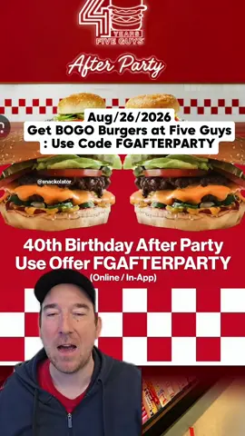 Get ready for FREE cheeseburgers! 🍔🎉 Use code FGAFTERPARTY for BOGO at Five Guys from now until March 12th. Enjoy this tasty deal online or in-app and make sure to grab your second burger! Who's joining the cheeseburger party? #FiveGuys #BOGO #FastFoodDeals #Cheeseburger #Foodie