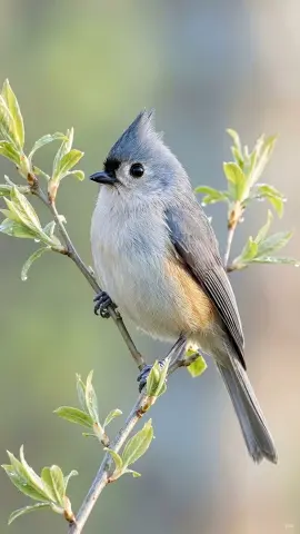 Its oversized dark eyes and tiny crest make this energetic woodland visitor instantly charming. 🌱✨ Watch closely as it hops between new leaves while searching every branch for something interesting. #birds #birdwatching #birdlovers #nature #fyp 