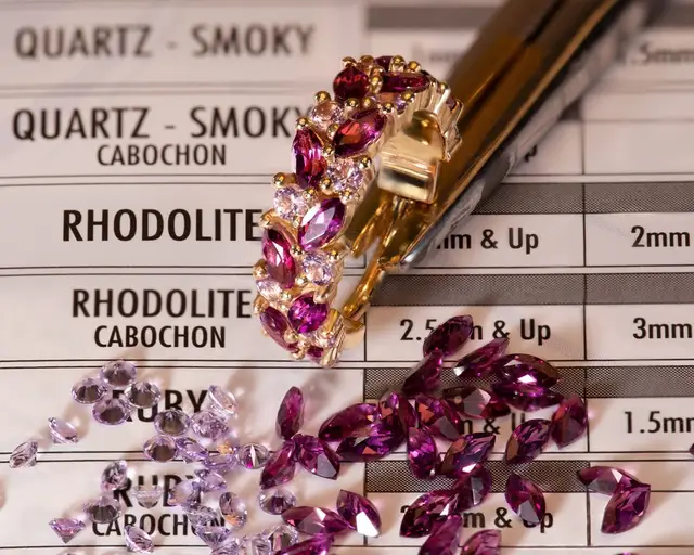 Isabella! Marquise-cut Rhodolite and round-cut Light Amethyst come together in yellow gold. Pictured on one of our original vintage gem charts. #bvla #bodyjewelry