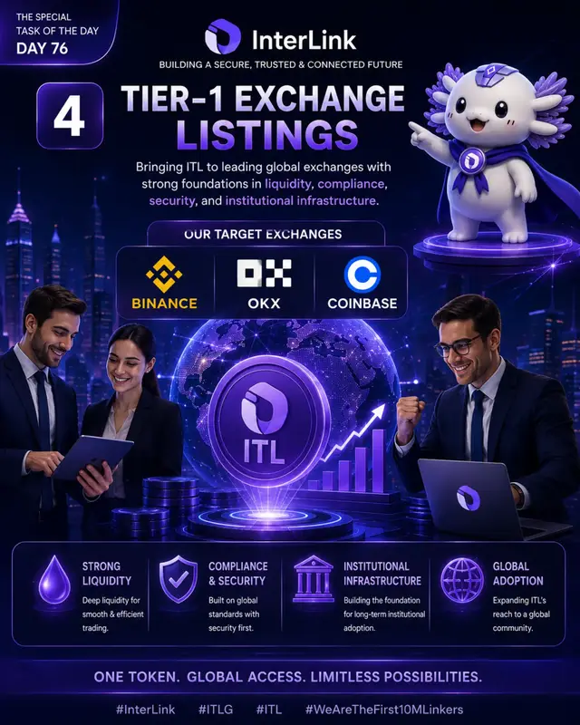 ITL is aiming for the global stage! 🚀 With strong liquidity, compliance, security, and institutional infrastructure, InterLink is working toward Tier-1 exchange listings and wider global adoption. 📈🌍 #InterLink #ITLG #ITL #WeAreTheFirst10MLinkers