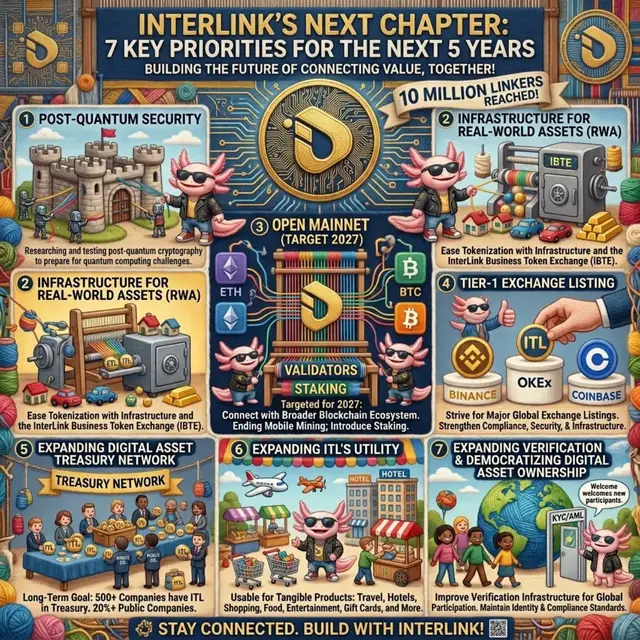 The first 10 million Linkers have helped build the foundation. 🏗️ Now comes the next phase: seven priorities designed to guide InterLink over the next five years. Better security, real-world asset infrastructure, Open Mainnet, global access, stronger utility, and broader participation are all part of the journey ahead. 🚀 ‎#InterLink #ITLG #ITL #WeAreTheFirst10MLinkers