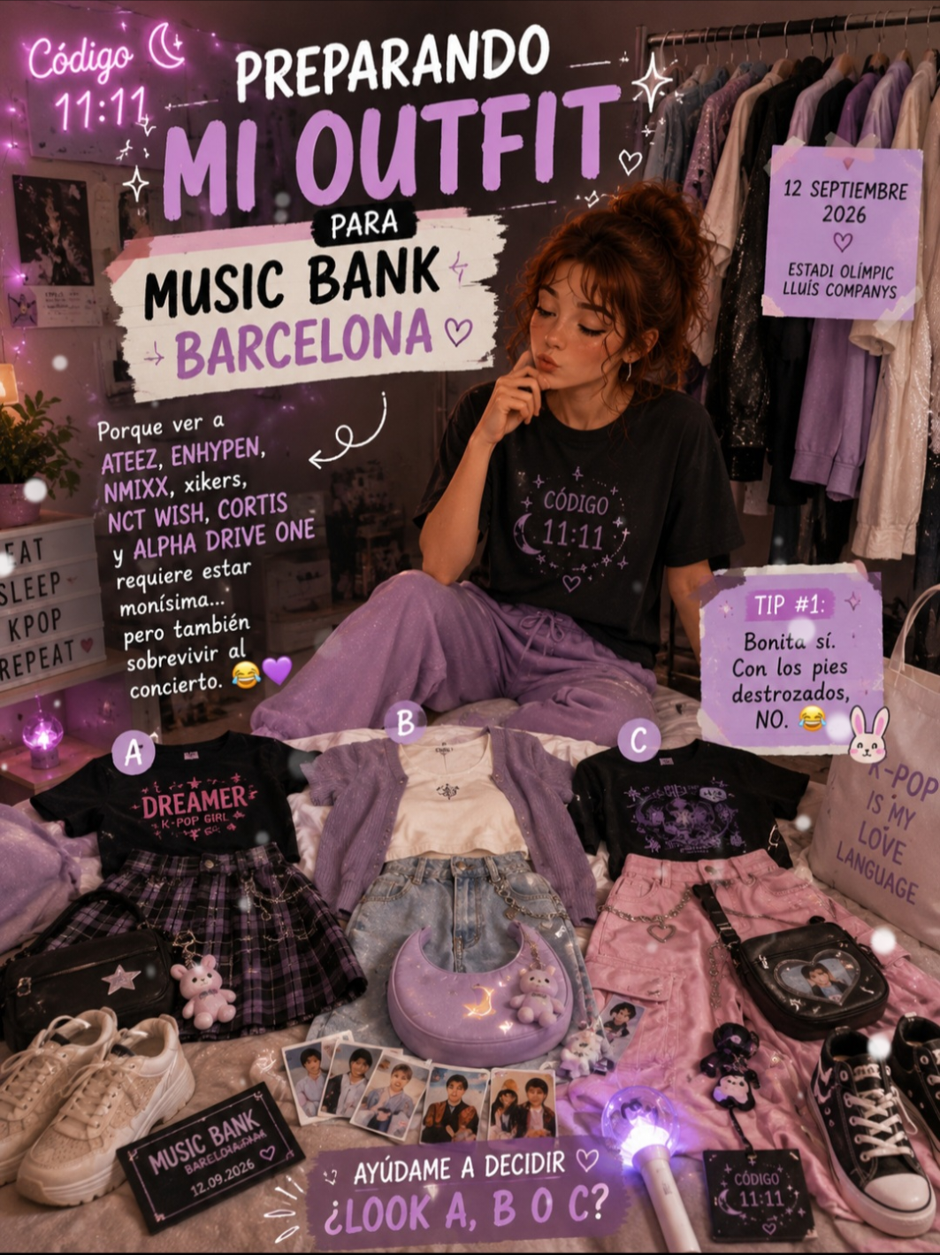 Todavía falta para el Music Bank Barcelona… pero yo ya estoy oficialmente en MODO CONCIERTO ON. 😂🎤🇰🇷 El 12 de septiembre todavía queda un poquito lejos, pero mi cerebro ya está con el outfit preparado, el bolso organizado y la emoción por las nubes. ✨ Porque una cosa es ir al concierto… y otra muy distinta es vivir la experiencia desde semanas antes. 😂💜 Ahora necesito vuestra ayuda 👀👇 ¿Cuál elegiríais: LOOK A, B o C? Y seamos sinceros… ¿vosotros también empezáis a preparar el outfit con demasiada antelación? 😂 🎤 ATEEZ · ENHYPEN · NMIXX · xikers · NCT WISH · CORTIS · ALPHA DRIVE ONE 🎙️ MC: Park Bo-gum  Código 11:11 — oficialmente en modo concierto.🌙💜🎶 #Codigo1111 #musicbank #kpop #parkbogum #parati