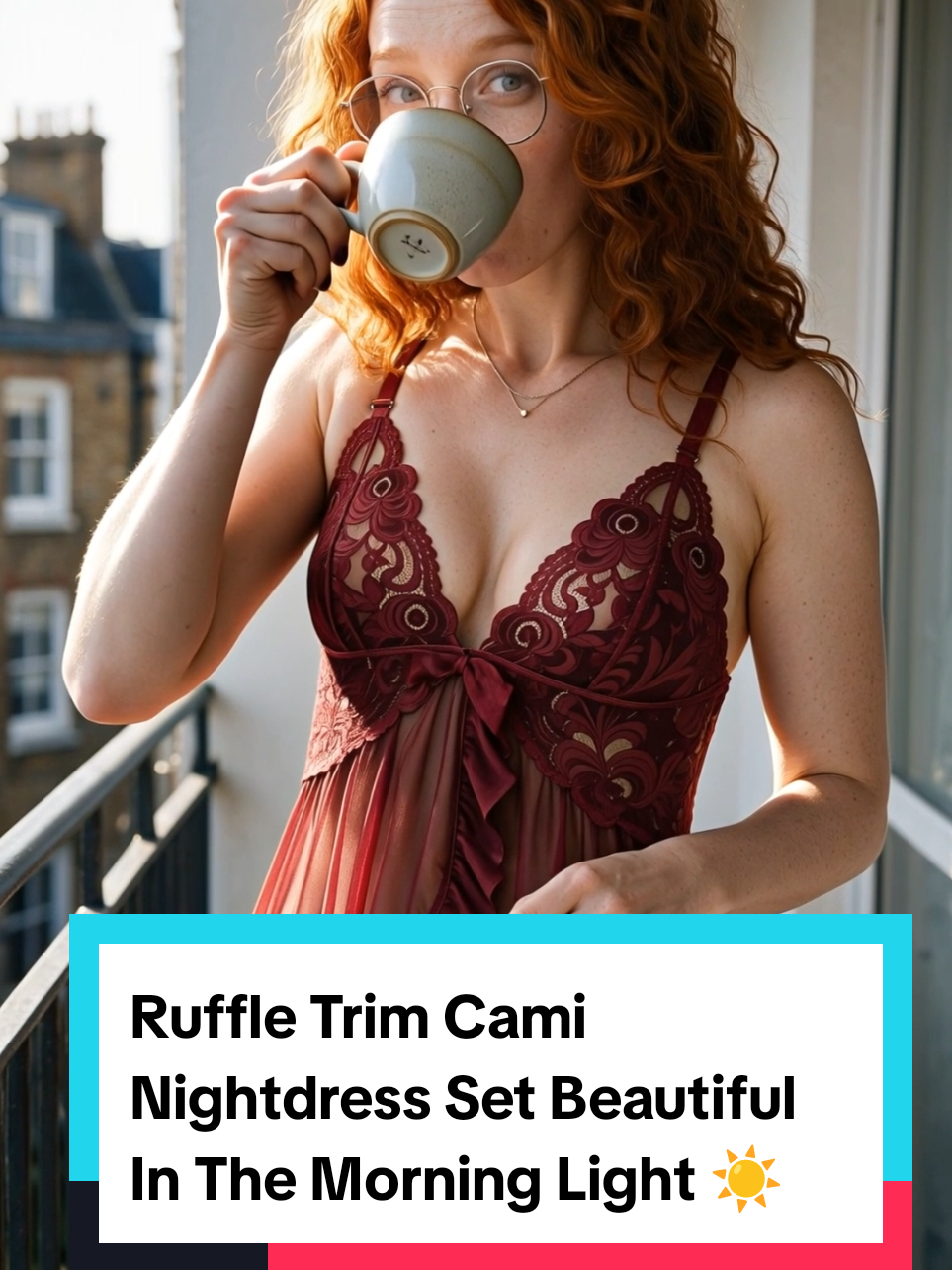 Ladies' Sexy Ruffle Trim Cami Nightdress & Bow Decor Panty Set, Comfortable Playful Floral Lace Sheer Sleepwear Set, Adjustable Strap Lingerie, Glamour Lingerie Set #tiktokshop  #RuffleTrimNightdress #FloralLace #NightwearStyle #EuropeanStyle