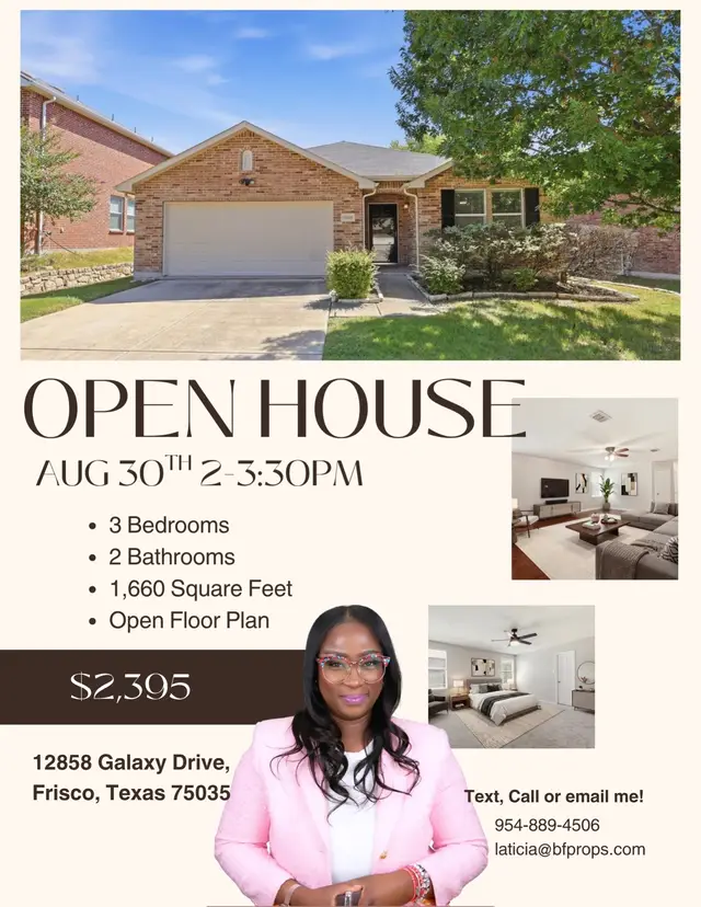Looking for your next place to call home? Come tour this beautiful 3-bedroom, 2-bath home featuring 1,660 sq. ft. and an open floor plan that’s perfect for everyday living and entertaining! 📍 12858 Galaxy Drive, Frisco, TX 75035 🗓️ Sunday, August 30 ⏰ 2:00 PM – 3:30 PM 💲 $2,395/month I’d love to show you around! Stop by, ask questions, and see if this could be your next home. Can’t make the open house? Reach out to schedule a private tour! 📲 Call, text, or DM me for more details! #FriscoTX #OpenHouse #FriscoHomes #DFWRealEstate #HomesForRent 
