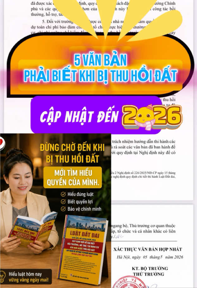 Bị Nhà nước thu hồi đất, bà con nhất định nên biết 5 văn bản pháp luật này. Đây là những căn cứ quan trọng liên quan đến bồi thường – hỗ trợ – tái định cư. Biết đúng văn bản, đọc đúng điều khoản thì mới bảo vệ được quyền lợi của mình. ⚖️ Lưu lại để khi cần còn có căn cứ đối chiếu phương án bồi thường nhé! #ChucAnh1984 #ThuHoiDat #DenBuDat #BoiThuongDat #luatdatdai2024 