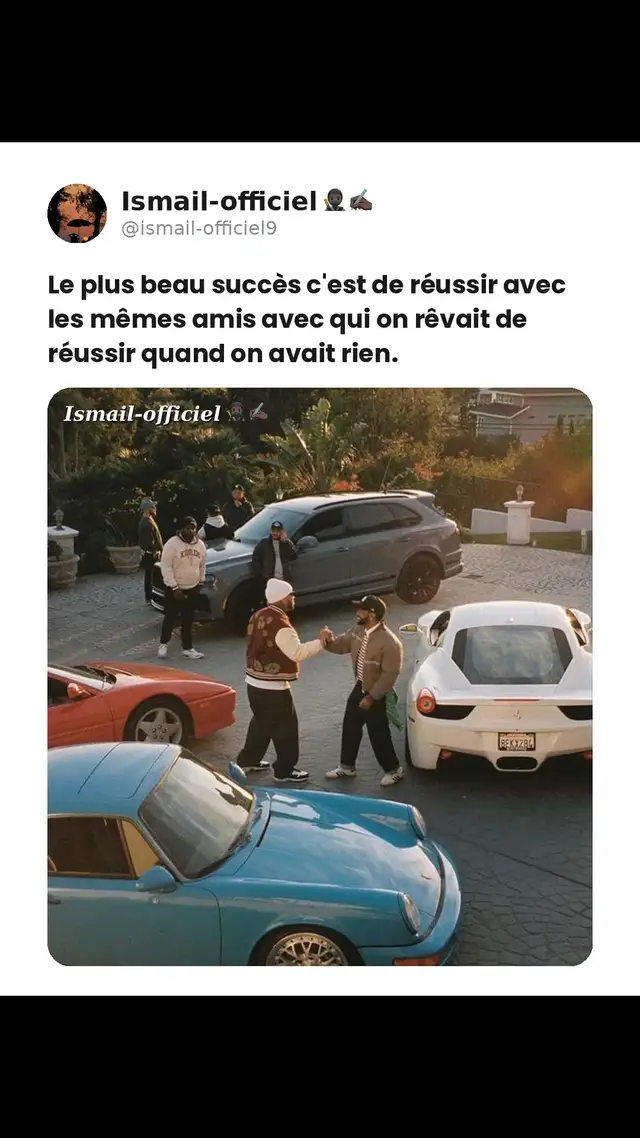 Le plus beau des succès, c'est de le partager avec ceux qui ont connu la galère avec toi. On oublie jamais ceux qui étaient là avant les voitures et les gros chiffres. Réussir seul a un goût amer comparé à réussir avec ceux qui y croyaient dès le début. La loyauté entre amis de longue date vaut plus que n'importe quel bien matériel. Ceux qui rêvaient avec toi méritent de célébrer avec toi. Le vrai luxe, c'est de construire un empire entouré de gens fidèles. On mesure la réussite pas en argent, mais en fidélité conservée dans le temps. Chaque victoire partagée avec les vrais a une saveur différente. La richesse sans les bonnes personnes autour reste une victoire incomplète. On célèbre jamais seul quand on a des frères qui ont cru avant tout le monde. #Reussite #Amitie #Loyaute #Business #Freres