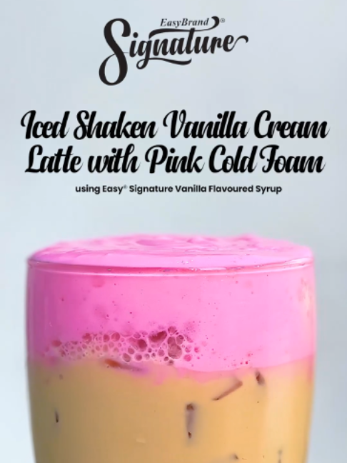 Shaken into your new fave. 🤍 𝗜𝗡𝗚𝗥𝗘𝗗𝗜𝗘𝗡𝗧𝗦: Easy® Signature Vanilla Flavoured Syrup (3 pumps) Easy® Sparkle Pink Sparkle Easy® Rock Salt & Cheese (50g) Liquid Milk (200ml) Cream (30ml) Espresso (60ml) Ice 𝗛𝗢𝗪 𝗧𝗢 𝗠𝗔𝗞𝗘 𝗘𝗔𝗦𝗬® 𝗥𝗢𝗖𝗞 𝗦𝗔𝗟𝗧 & 𝗖𝗛𝗘𝗘𝗦𝗘 𝗙𝗢𝗔𝗠 𝗧𝗢𝗣𝗣𝗜𝗡𝗚 1. Combine 100g of Easy® Rock Salt & Cheese and 200 ml of cold water and mix until the desired texture is reached. 2. Transfer into a container. 𝗜𝗖𝗘𝗗 𝗦𝗛𝗔𝗞𝗘𝗡 𝗩𝗔𝗡𝗜𝗟𝗟𝗔 𝗖𝗥𝗘𝗔𝗠 𝗟𝗔𝗧𝗧𝗘 𝗪𝗜𝗧𝗛 𝗣𝗜𝗡𝗞 𝗖𝗢𝗟𝗗 𝗙𝗢𝗔𝗠 𝗨𝗦𝗜𝗡𝗚 𝗘𝗔𝗦𝗬® 𝗦𝗜𝗚𝗡𝗔𝗧𝗨𝗥𝗘 𝗩𝗔𝗡𝗜𝗟𝗟𝗔 𝗙𝗟𝗔𝗩𝗢𝗨𝗥𝗘𝗗 𝗦𝗬𝗥𝗨𝗣: 1. Froth 100 ml cold water, 50 g Easy® Rock Salt & Cheese, and Easy® Sparkle Pink Sparkle. Set aside. 2. Shake 200 ml liquid milk, 30 ml cream, double-shot espresso, 3 pumps Easy® Signature Vanilla Flavoured Syrup, and ice for 25 seconds. 3. Pour into a 16 oz glass, top with the pink cold foam, and serve. To know more about these products, message us now or contact the nearest distributor in your area. Go to www.easybrandph.com for more recipes! #EasyBrandPH #ItsMadeEasy #VanillaFlavouredSyrup #Sparkle #PinkSparkle #RockSaltandCheese