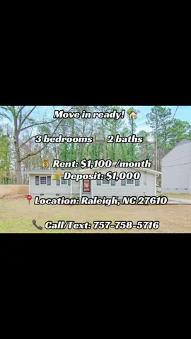 🏡🔥 RALEIGH RENTAL ALERT — ONLY $1,100/MONTH! 🔥🏡 Looking for a comfortable home in Raleigh without breaking the budget? 👀✨ Check out this 3-bedroom, 2-bathroom home with 1,400 sqft of living space! 📍 1100 Chatham Ln, Raleigh, NC 27610 🛏️ 3 Bedrooms 🛁 2 Bathrooms 📐 1,400 sqft 💰 Rent: $1,100/month 🔐 Deposit: $1,000 ✨ Great space for families, roommates, or anyone looking for a fresh place to call home. 🏠🔑 📲 Call/Text: 757-758-5716 for availability and rental details. 🚨 Don’t wait—send an inquiry today! #RaleighNC #RaleighRentals #NCRentals #RaleighHomes #HouseForRent       