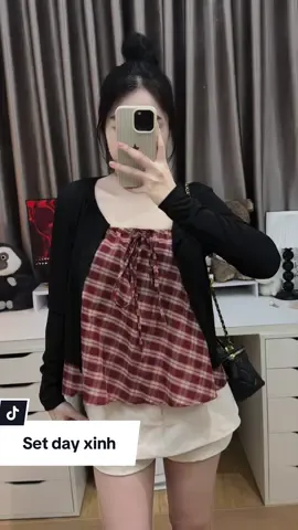 Set dây kẻ xinh kèm cardigan #xh #thoitrangnu 