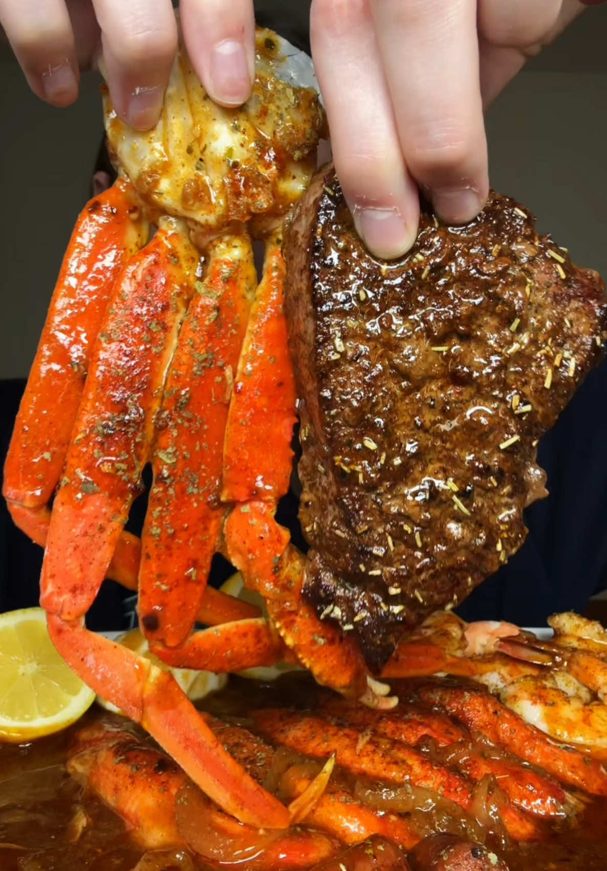 surf & turf boil with steak, crab, shrimp & lit'l smokies 🦀🍋🥩 #foryou #mukbangeatingshow #foodtiktok #asmr #fypシ゚viral  big bites eating sounds foodie satisfying no talking mukbang video imitation crab egg crab legs 