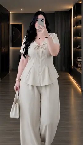 Size 40kg=>95kg Sét bộ dài, áo cổ nơ tay ngắn quần suông ống rộng from rộng, che khuyết điểm #ShopBigsize #thoitrangbigsize #quangcao 