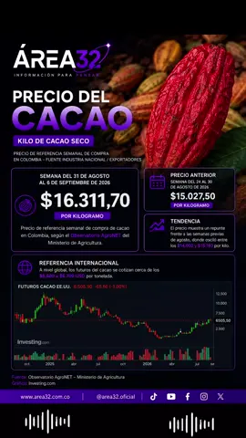 PRECIO DEL CACAO SUBE EN COLOMBIA: $16.311,70 POR KILO Y FUTUROS INTERNACIONALES CERCA DE US$6.500 2 de septiembre de 2026 #AREA32 #Cacao #PrecioDelCacao #AgroColombia #EconomiaColombia
