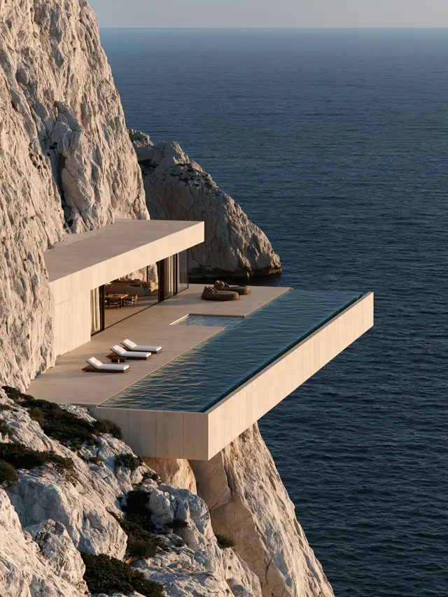 Discover The White Cliff Villa by @syrinejemalstudio, a pure white minimalist masterpiece overlooking the Aegean Sea. Softened with cobalt accents, sculptural furniture, and warm Mediterranean light, this cliffside sanctuary features a breathtaking cantilevered pool and stunning organic architecture! #architecture #architecturephotography #greece