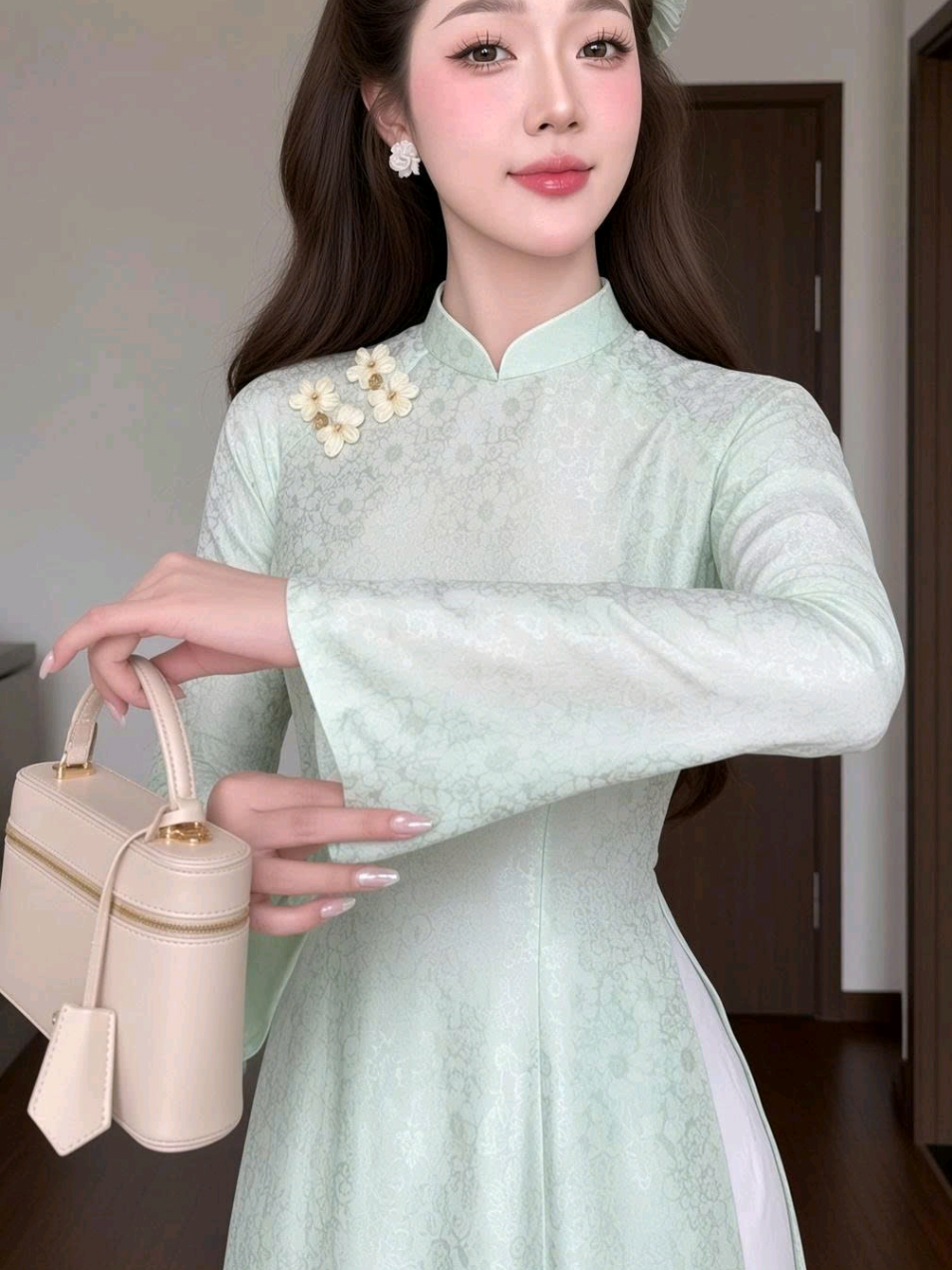 Áo dài xanh mint họa tiết hoa, duyên dáng thanh lịch, tôn dáng, cực xinh cho nàng xuống phố #AoDai #AoDaiDep #ThoiTrangNu 
