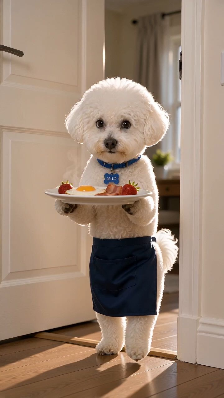 Breakfast in bed isn’t free, human. 🥓🍳 MILO’s Luxury Sunshine Breakfast — $99.99. No money? No breakfast. 😏🐾 #bichonfrise #milothebichon #funnydog #dogcomedy #PetsOfTikTok #funnyanimals #spoileddog #fyp