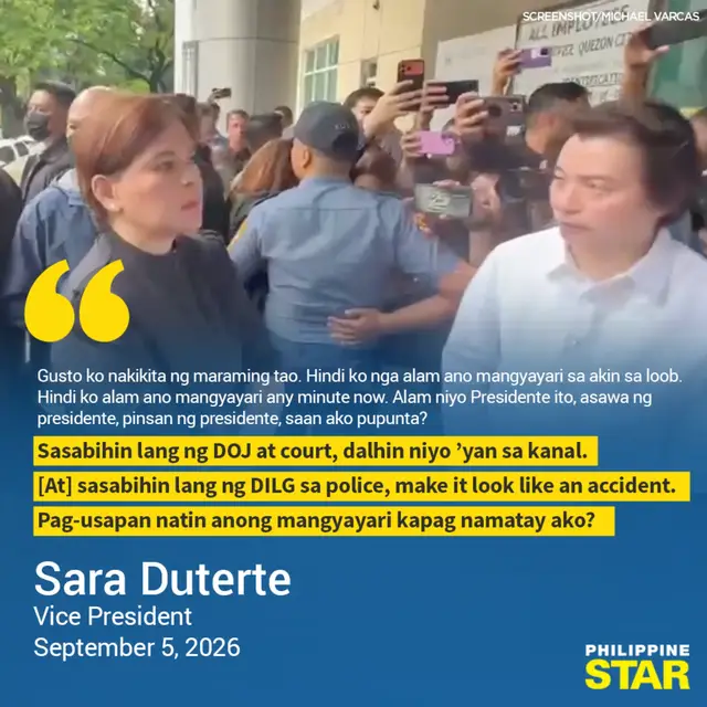 Vice President Sara Duterte on Saturday raised concern about her safety and what could happen to her following the issuance of an arrest warrant by the Quezon City Regional Trial Court (RTC) for her grave threats case. “Gusto ko nakikita ng maraming tao. Hindi ko nga alam ano mangyayari sa akin sa loob. Hindi ko alam ano mangyayari any minute now. Alam niyo presidente ito, asawa ng presidente, pinsan ng presidente, saan ako pupunta?” Duterte said. “Sasabihin lang ng DOJ at court, dalhin niyo ’yan sa kanal. [At] sasabihin lang ng DILG sa police, make it look like an accident. Pag-usapan natin anong mangyayari kapag namatay ako?” she added. The QC RTC Branch 98 issued the arrest warrant on Friday after finding probable cause to hold Duterte for trial on three counts of grave threats. Bail was set at ₱120,000 for each count. #philippinestar #saraduterte 