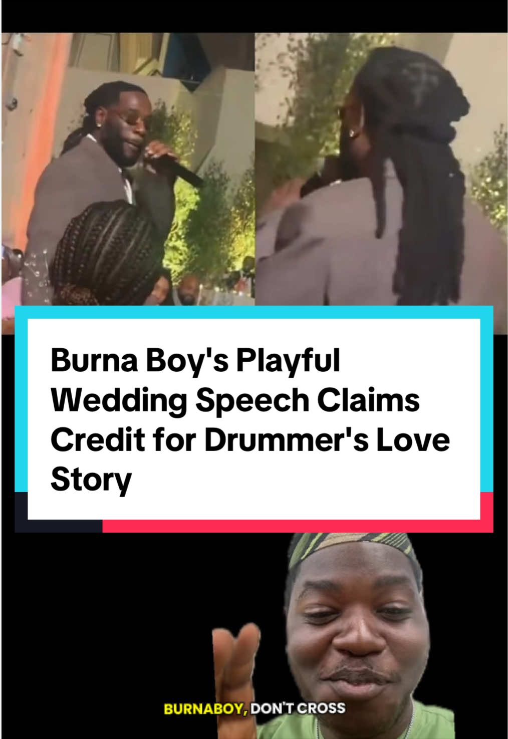 Burna Boy's Playful Wedding Speech Claims Credit for Drummer's Love Story At the recent wedding of his longtime music director and drummer, Emmanuel Abiola-Jacobs (known as MD or Manny), Burna Boy delivered a hilarious speech in Pidgin and English. He joked that he deserved thanks for introducing the couple, adding that if MD had quit secular music for the church as once planned, he'd be clapping hands skyward instead of celebrating his marriage. The Grammy winner's candid, affectionate words highlighted their close bond from The Outsiders band, with fans loving the pure Burna Boy energy amid the warm family vibes. #burnaboy #viral #fyp #greenscreen 