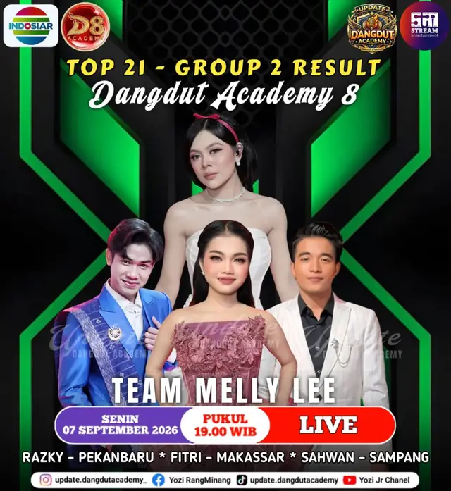 TEAM MELLY LEE Top 21 - Group 2 Result Dangdut Academy 8, Dengan Academia: > Razky - Pekanbaru  > Fitri - Makassar  > Sahwan - Sampang  Senin 07 September 2026, Pukul 19.00 WIB, LIVE di Indosiar dan Vidio.com #da8 #mellylee #razkyda8 #fitrida8 #sahwanda8 