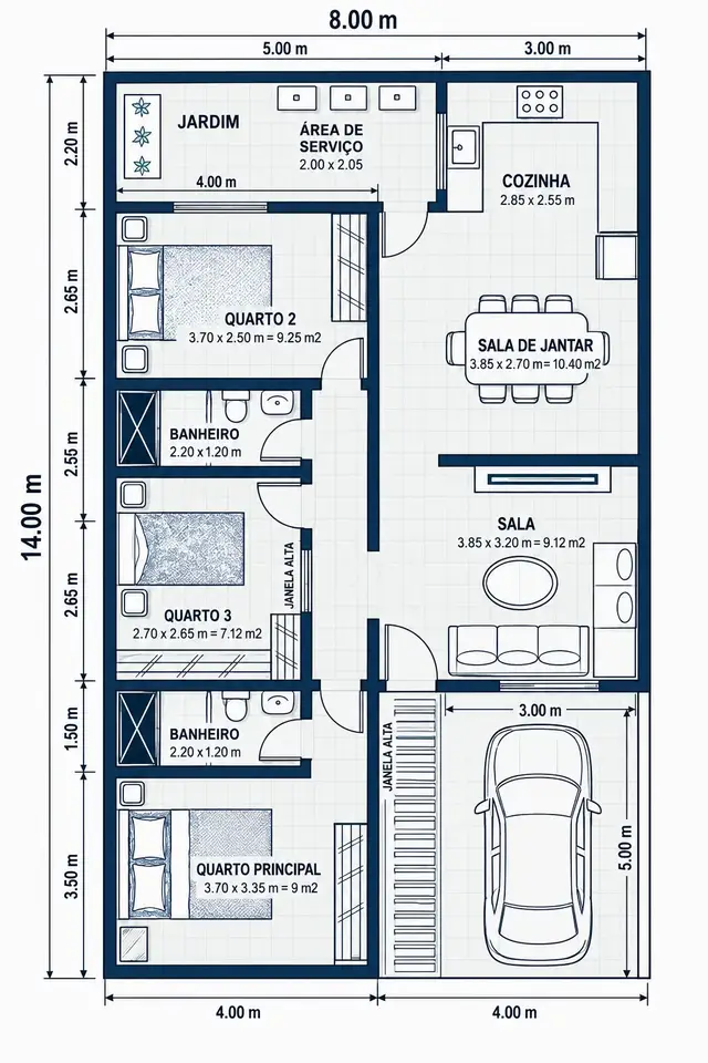 Você acredita que essa casa completa cabe em um terreno de apenas 8×14 metros? 😍 O projeto possui 3 quartos, 2 banheiros, sala, cozinha integrada à sala de jantar, área de serviço, jardim e garagem. Uma planta bem distribuída, funcional e perfeita para quem deseja construir aproveitando cada espaço! Você faria alguma mudança nesse projeto? 🏠📐 #CasaEconômica #PlantaDeCasa #Construção #CasaDosSonhos #Arquitetura 