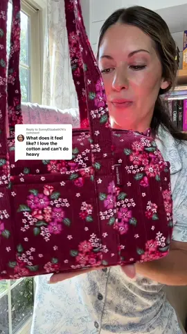Replying to @SunnyElizabeth74 the short answer is nope! super lightweight and has a very similar weight to the cotton 100! 😍 #verabradley #handbag #cottagecore #giftguide #fallbag 