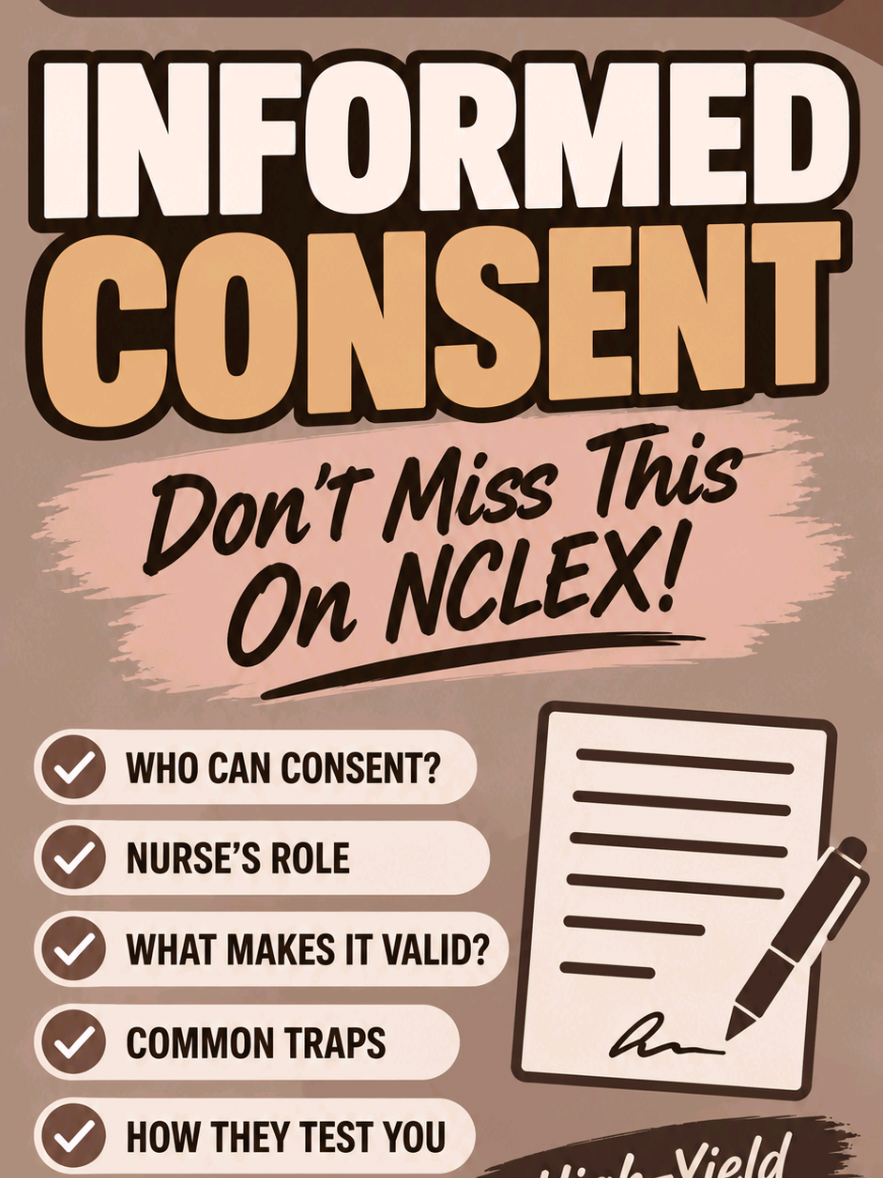 Informed consent on NCLEX is more than witnessing a signature. Know the nurse’s role, the provider’s responsibility, who can legally consent, what makes consent valid, when a patient can withdraw consent, and what to do if the patient does not understand the procedure. High-yield for both NCLEX-RN and NCLEX-PN. #informedconsent #nursingethics #nursinglaw  #creatorsearchinsights #thenclex 