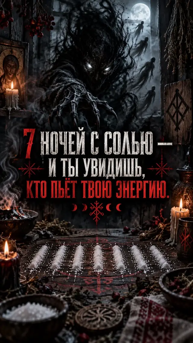 7 НОЧЕЙ С СОЛЬЮ — И ТЫ УВИДИШЬ, КТО ПЬЁТ ТВОЮ ЭНЕРГИЮ. В народной магической традиции соль считалась не просто приправой, а символом границы, сохранения и очищения. Её ставили у порога, использовали после тяжёлых разговоров, оставляли рядом со спальным местом, когда человек чувствовал, что слишком долго несёт в себе чужие слова и эмоции. Но смысл такой практики не в том, чтобы буквально «поймать энергетического вампира». Намного полезнее использовать её как семь вечеров наблюдения за собой — потому что именно тогда становится видно, после кого ты теряешь силы, рядом с кем постоянно оправдываешься, кому боишься отказать и чьи проблемы почему-то продолжаешь решать даже тогда, когда человек уже ушёл. Иногда ты можешь весь день чувствовать себя нормально, а после одного звонка появляется раздражение. После встречи с определённым человеком хочется лечь и молчать. После разговора с родственником начинается чувство вины. После переписки ты ещё часами думаешь, правильно ли ответил. А рядом с кем-то автоматически становишься удобнее, тише, слабее и будто забываешь, чего хотел сам. Именно такие повторяющиеся состояния и стоит замечать. 🌑 ПРАКТИКА НА 7 НОЧЕЙ. Возьми небольшую стеклянную ёмкость и обычную крупную соль. Насыпь её примерно наполовину и поставь вечером рядом с кроватью или в другом безопасном месте спальни, где её никто случайно не опрокинет. Не нужно добавлять воду, фотографии людей, волосы или другие вещи. Перед сном несколько минут посиди в тишине и скажи: «Чужого не удерживаю. Своё внимание возвращаю себе. Всё, что сегодня было не моим, сегодня же оставляю». После этого вспомни день и задай себе один вопрос: «После кого или после чего сегодня я сильнее всего изменился внутри?» Не придумывай мистическую причину. Просто назови человека, разговор или ситуацию. 🕯 ПЕРВАЯ НОЧЬ — НАБЛЮДАЙ ЗА ТЕЛОМ. С кем после общения появляется тяжесть, зажатость, желание спрятаться, раздражение или усталость? 🕯 ВТОРАЯ НОЧЬ — НАБЛЮДАЙ ЗА МЫСЛЯМИ. Чьи слова ты продолжаешь прокручивать после того, как разговор закончился? 🕯 ТРЕТЬЯ НОЧЬ — СМОТРИ НА ЧУВСТВО ВИНЫ. Перед кем ты постоянно чувствуешь себя обязанным, даже когда ничего плохого не сделал? 🕯 ЧЕТВЁРТАЯ НОЧЬ — СМОТРИ НА СВОЁ «НЕТ». Кому ты не можешь отказать без долгих объяснений? 🕯 ПЯТАЯ НОЧЬ — СМОТРИ НА ДЕНЬГИ И РЕСУРСЫ. Кто появляется рядом в основном тогда, когда ему что-то нужно: помощь, деньги, связи, внимание, поддержка? 🕯 ШЕСТАЯ НОЧЬ — СМОТРИ НА СТРАХ. Чьё недовольство заставляет тебя менять собственные решения? 🕯 СЕДЬМАЯ НОЧЬ — СМОТРИ НА ПОВТОР. Какое имя появилось в твоих записях несколько раз? Вот здесь и может находиться человек или ситуация, которым ты отдаёшь значительно больше себя, чем замечал. 🔥 СЛОВА ПЕРЕД СНОМ. Каждый вечер можно произносить: «Соль белая, границу мне напомни. Чужому во мне не оставаться, чужим словам мной не управлять. Что моё — со мной остаётся. Что не моё — дальше меня не идёт. Свою силу не отдаю, своё внимание возвращаю, своей дорогой иду». Произнеси три раза спокойно, без страха и без представления конкретного врага. 🌿 ЧТО ДЕЛАТЬ УТРОМ. Не нужно рассматривать соль и искать в её форме лица, знаки, сущности или предсказания. Соль может комковаться от обычной влажности воздуха — это не доказательство чьего-то воздействия. Самая важная часть практики находится не в банке, а в твоих записях и наблюдениях. На седьмой день посмотри, какие ситуации повторялись. Возможно, рядом действительно есть человек, после которого ты регулярно чувствуешь себя хуже. Но причина может быть вполне конкретной: он постоянно обесценивает тебя, нарушает границы, заставляет оправдываться, перекладывает ответственность или использует твоё чувство долга. И вот тогда настоящая защита начинается не с соли. Она начинается с дистанции, короткого «нет», прекращения бесконечных объяснений и решения больше не отдавать человеку то, что он привык получать без ограничений. ⚠️ Для родовой диагностики и индивидуальной работы: Telegram @slavaroduua, Telegram @witcher21n. 