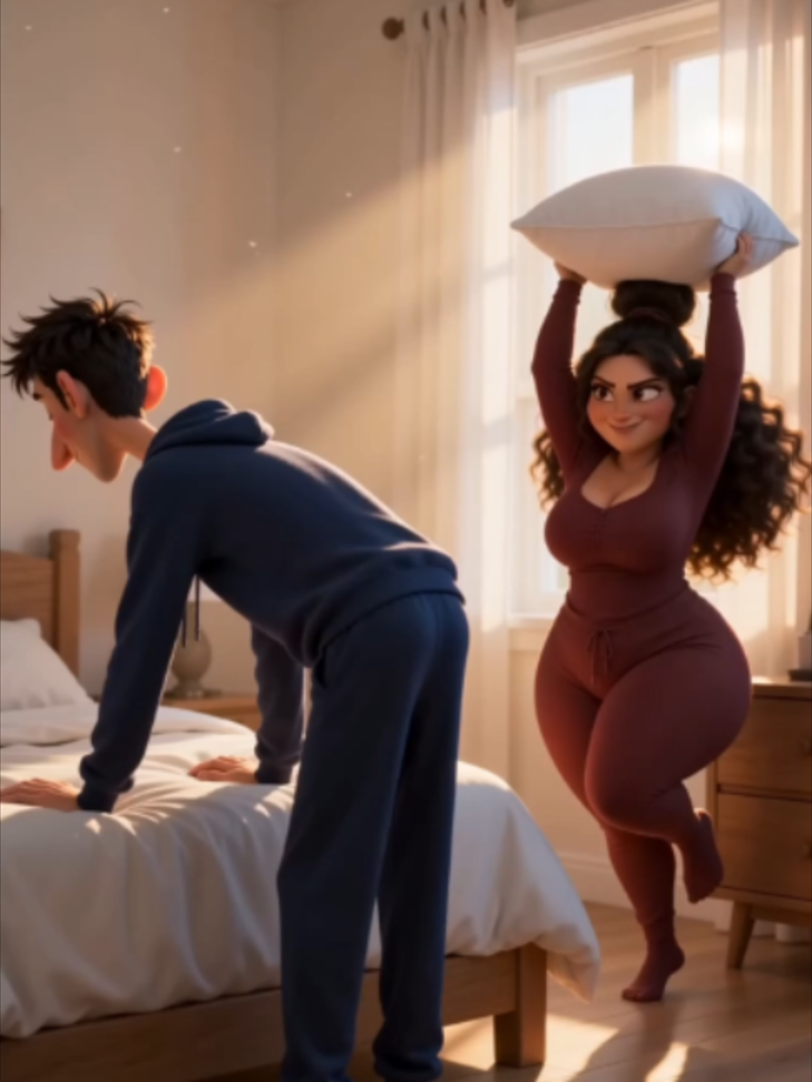Who else’s weekend mornings look exactly like this? 😂 Getting brutally woken up by a pillow attack, but turning it into the cutest pillow fight ever! The flying feathers and that sweet look at the end are pure couple goals. Tag your partner who always starts playful fights! 🪶❤️ #couplegoals #morningroutine #pillowfight #pixarstyle #relationshipgoals #romanticmoments #3danimation #foryoupage #viral #sweetcouple