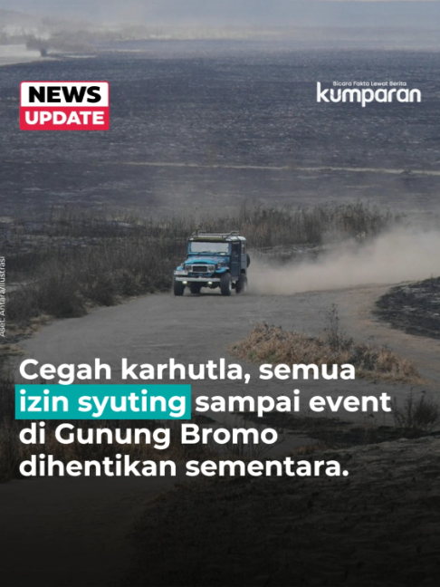 Balai Besar Taman Nasional Bromo Tengger Semeru (BB TNBTS) menghentikan sementara seluruh izin dan aktivitas syuting serta penyelenggaraan event di kawasan Gunung Bromo dan sekitarnya. Kebijakan ini diberlakukan untuk mengantisipasi meningkatnya risiko kebakaran hutan. Penghentian izin itu tertuang dalam surat nomor PG.21/T.8/BIDTEK/HMS.01.07/B/09/2026 tentang Penutupan Kawasan Wisata Gunung Bromo dan Sekitarnya Balai Besar Taman Nasional Bromo Tengger Semeru tanggal 7 September 2026. Kepala Balai Besar TNBTS, Rudijanta Tjahja Nugraha, mengatakan cuaca pada musim kemarau saat ini mengakibatkan kondisi vegetasi menjadi sangat kering, serta meningkatnya risiko terjadinya kebakaran hutan di kawasan TNBTS. Ia menyampaikan, penghentian sementara ini mencakup seluruh jenis kegiatan syuting baik untuk kepentingan komersial maupun non-komersial.  Pihak TNBTS menegaskan bahwa kebijakan ini bersifat dinamis dan akan terus dievaluasi sesuai perkembangan cuaca dan tingkat risiko di lapangan. 📸: Dok. Antara/Ilustrasi. Baca selengkapnya dengan klik link di bio. Cari tahu berita update lainnya dengan download aplikasi kumparan di App Store atau Google Play.⁠ ⁠📝: newsupdate | update | news | oneliner | R158 | E018 #bicarafaktalewatberita #kumparan