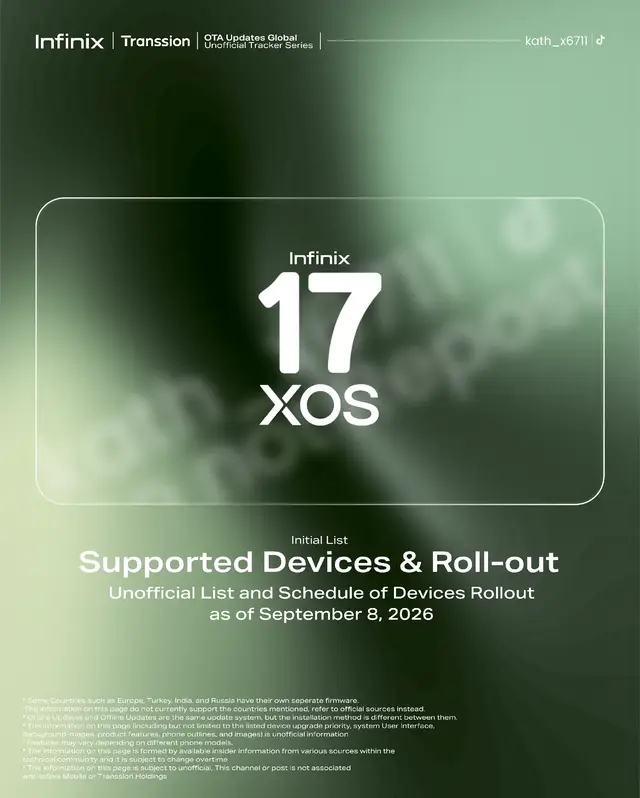 *This post is an initial list, so it may change over time and may not reflect Infinix or Transsion's actual roll-out schedule for next year. *The Information on this page is subject to unofficial, This channel or post is not associated with Infinix Mobile or Transsion Holdings Observing the previous roll-out for XOS 16, basically the XOS 16 Quarter 2 batch, which consists of • NOTE 50 Pro+ • NOTE 50S 5G • NOTE 50 Pro • NOTE 50X 5G • NOTE 50 • GT 30 Pro • GT 30 5G have been moved into the Quarter 3 batch slot for XOS 17. The 2026 devices that were shipped with XOS 16 will be placed in the Quarter 2 Batch slot for their XOS 17 update, which is composed of • NOTE 60 Ultra • NOTE 60 Pro • NOTE 60 • NOTE Edge • GT 50 Pro • HOT 70  • HOT 70 Pro While the • HOT 60 Pro • HOT 60 Pro+ have the possibility of being placed in a later quarter, which is the Quarter 4 Batch slot. As you can see in the XOS 16 Rollout schedule before, they are placed in the Quarter 3 Batch slot instead of the Quarter 2 Batch slot, even though their age is the same as the models found in the Quarter 2 Batch slot. Because their update tier prioritization is very weak, as they have 3 major Android updates at a lower price. It really depends on Transsion how many device models they can cram in a single quarter. on the Infinix side, the maximum number of devices is often 7~9 devices, but if we are following the pattern from the previous roll-out, 7 is an adequate amount that they will be heading into. So the pattern will be 7-7-2, which is identical to the previous year's 7-9-3, as the ZERO 40 Series and Flip are gone after XOS 16  This roll-out schedule was based on these criteria which heavily influenced last year's XOS 16 official rollout schedule: • Release date of the model (When it was released?, if it's more older, then the tendency is that it will get it later than those that are newer) • Series of the model (If speaking of patterns, the NOTE Series has been the series that gets XOS updates firstly before the GT Series follows, and the HOT Series tends to be much later, like near the end of the assigned quarter range) • Tier of the model in the Series (If it's the first to the second top-tier offering of the series such as [NOTE60Ultra, NOTE60Pro],[NOTE50Pro+,NOTE50S], it will be the first mini batch to get the os update, and the lower tier will follow weeks or months later) • Chipset (If it's a NOTE 60 Pro, it could take a while, as they haven't figured out how to develop on this unique chipset rapidly [claim:16.3.0 update delay than MTK devices getting it first such as NOTE 60], but they are developing XOS 17 on this model, so this claim may also be not true but it could be) What are the delays to be expected: • Holiday and Chinese Holidays Their firmware is being developed and tested in their main office in china. So any holidays can affect the Roll-out. Having a Chinese Calendar prepared can let you know if they are actually taken off work. • Severe issues found by testers or when it is released When the firmware experiences issues in which affect the daily functionality and user experience of the device. The update will be temporary be in a hault process. So that users cannot install it via Online Update. Users who have prior knowledge can install the firmware via Local Update. • Google Mobile Services Certification for Play Integrity  Each Firmware gets passed through a certification process by Google which can slightly affect the roll-out date Would the update take longer this year? TranssionOS has been getting streamlined over the past years starting with OS 15, this year with OS 16 the system components are heavily streamlined for more efficient and faster updates. While it may get delayed if they are porting the Active Halo Lights (contained in TranssionSettings) of a model to the new TranLed System (contained in separate app InfinixLed) #infinix #xos #xos17 #transsion #updatedevice 