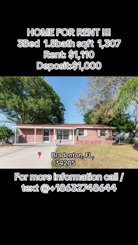 🏠✨ COZY LOVELY HOUSE FOR RENT — BRADENTON, FL! ✨🏠 Looking for a cozy and comfortable place to call home? 🏡💫 This lovely 3-bedroom, 1.5-bathroom house offers a spacious layout, comfortable living areas, and plenty of room for you and your family. ❤️ 📍 3508 40th Ave W, Bradenton, FL 34205 🏡 3 BEDROOMS 🛁 1.5 BATHROOMS 📐 1,307 SQ FT 💰 RENT: $1,110/MONTH 💵 DEPOSIT: $1,000 ✨ Cozy and lovely home ✨ Spacious 1,307-square-foot layout ✨ Three comfortable bedrooms ✨ One full bathroom plus a convenient half bathroom ✨ Great option for families, couples, or anyone needing extra space ✨ Convenient Bradenton location ✨ A wonderful place to create new memories 🔥 DON’T MISS THIS OPPORTUNITY! Affordable homes in a great location can go quickly, so if you’re seriously searching for a rental, contact us as soon as possible for more information and availability. 📲 📞 TEXT OR CALL DIRECTLY: +1 863-274-8644 📩 DM INSTRUCTIONS: Before submitting your message of interest, please state your FULL NAME and PHONE NUMBER. Someone will attend to you soon. 🚨 SAVE THIS POST AND SHARE IT with anyone looking for a cozy home for rent in Bradenton! 🏡❤️ #HouseForRent #HomeForRent #BradentonFL #BradentonFlorida #FloridaRentals                                           