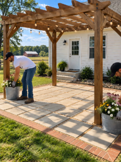 We Turned Bare Dirt Into a Farmhouse Patio Retreat 🔥🪵 https://a.co/d/0cEJ8xtM More DIY Backyard videos: https://www.tiktok.com/@diybackyards Bare compacted dirt to a complete countryside patio in just 15 seconds. Large concrete pavers, brick edging, a rustic wood pergola, four Adirondack chairs and a simple wood-burning fire pit completely changed this backyard. Which part would you build first — the patio, pergola or fire pit? 👇 #DIYBackyard #BackyardMakeover #PatioMakeover #Pergola #FirePit #DIYProjects