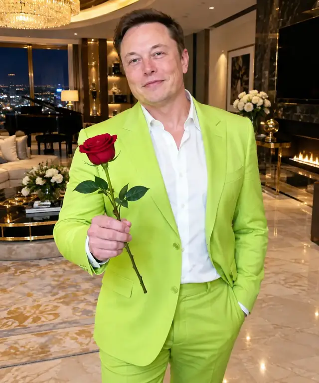 A touch of elegance, a little confidence, and a rose to make the moment unforgettable. 🌹💚✨ #ElonMusk #LuxuryLife #LimeGreenSuit #Rose #Elegance        