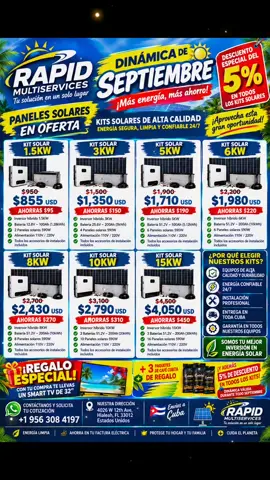 ☀️🔥 ¡DINÁMICA ESPECIAL DE SEPTIEMBRE EN RAPID MULTISERVICES! 🔥☀️ ¡Este mes llegó con más energía y más ahorro! ⚡🔋 Aprovecha nuestra gran oferta en KITS SOLARES DE ALTA CALIDAD, disponibles en diferentes capacidades desde 1.5KW hasta 15KW. 🎯 ¡5% DE DESCUENTO ADICIONAL EN TODOS LOS KITS SOLARES! 🎁 Y además, con tu compra puedes llevarte un Smart TV de 32” + 3 paquetes de café Cubita de regalo para las primeras 50 personas que realicen su compra. 🎉 🚚 Envíos a toda Cuba 🔧 Instalación profesional 🛡️ Garantía en nuestros equipos 💳 Financiamiento disponible 💰 Down payment desde solo $150 ⏰ PROMOCIÓN VÁLIDA DURANTE SEPTIEMBRE Y POR TIEMPO LIMITADO. 📲 Contáctanos por WhatsApp: +1 956 308 4197 🇨🇺 Rapid Multiservices — Tu mejor conexión con Cuba. ⚡ Más energía, más ahorro, más tranquilidad para tu familia. #cubanosentiktok #EnviosACuba #tiktokshopholidayhaul #energy #cubanosenmiami 