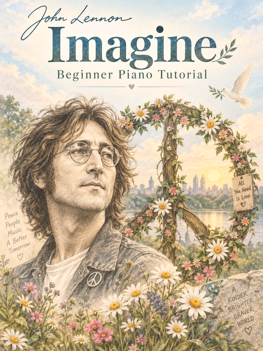 ☮️ Imagine — Beginner Piano | John Lennon 📜 A little history: Released in 1971, Imagine became John Lennon’s best-known solo song and one of the most recognizable songs associated with his message of peace and unity. 🎹 The technique: This beginner arrangement keeps the left hand simple, using mostly octaves or 5th + octave shapes while the right hand carries the melody. The main challenge is the syncopated movement of the melody — notes often arrive between the expected beats instead of directly on them. The best approach is to first memorize the left hand and feel its movement without thinking about every note. Once that accompaniment becomes secure, your attention is much freer to follow the right-hand rhythm and let the melody flow naturally. 🧠 From a neuroscience perspective: When one hand becomes familiar through repetition, its movement requires less conscious attention. This is part of procedural learning: instead of actively calculating every left-hand position, the brain begins treating the accompaniment as a motor pattern. That leaves more working memory available for the syncopation, timing and expression of the melody — especially important when the two hands don’t always play together. Find the pulse. Let the melody float above it. Imagine the music flowing freely. ☮️🎹 #Imagine #JohnLennon #TheBeatles #PianoTutorial #LearnPiano 