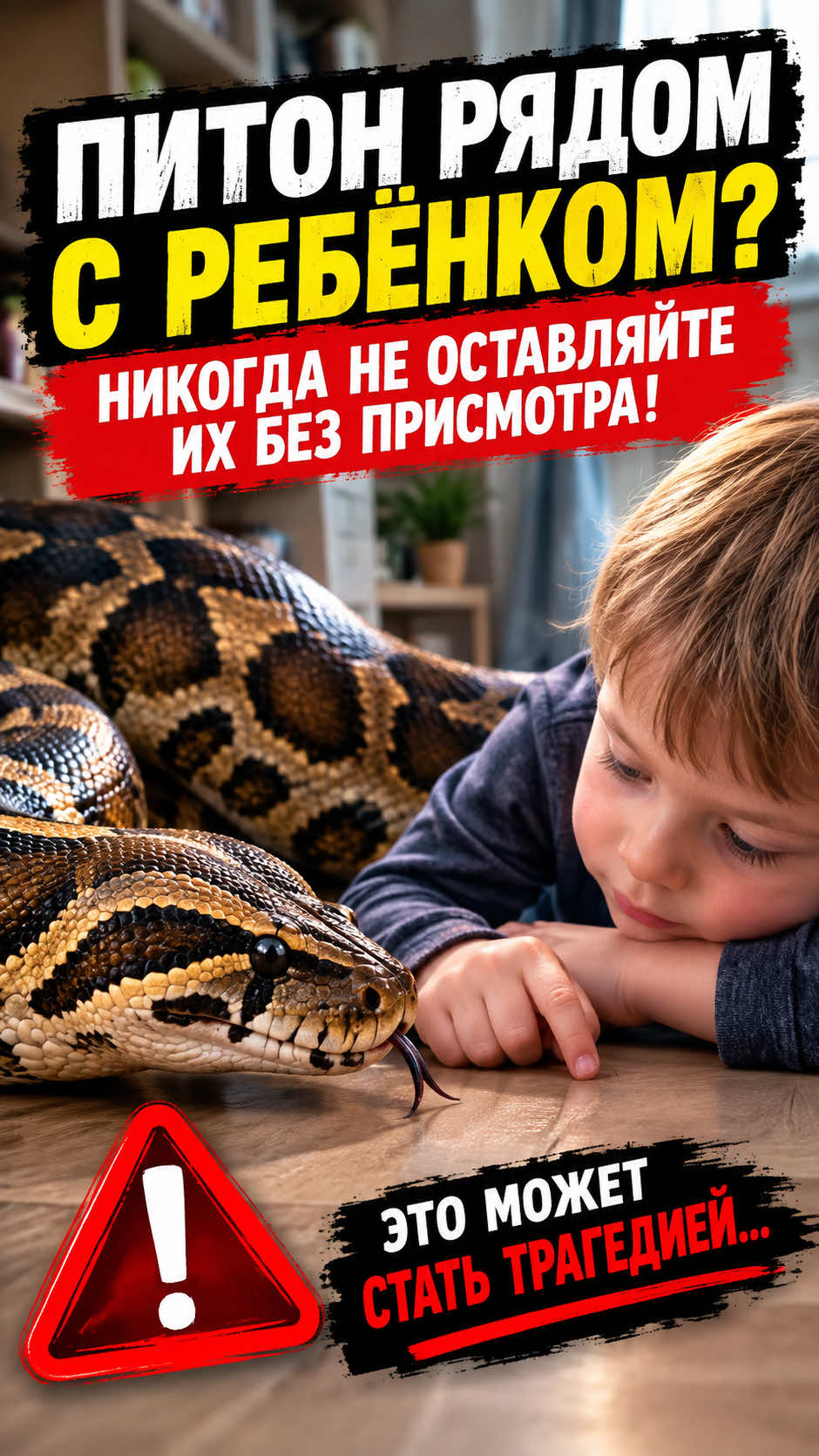 Питон рядом с ребёнком? Никогда не оставляйте их без присмотра! ⚠️.  Описание Дикие и хищные животные могут быть непредсказуемыми, даже если они живут рядом с человеком долгое время. Питоны и другие крупные рептилии — не игрушки и не домашние друзья для детей. Никогда не оставляйте ребёнка один на один с таким животным и не позволяйте ему играть с ним без постоянного контроля взрослых. Безопасность ребёнка должна быть на первом месте. ⚠️ #️⃣ Хештеги #Питон #ОпасныеЖивотные #Дети #Безопасность 