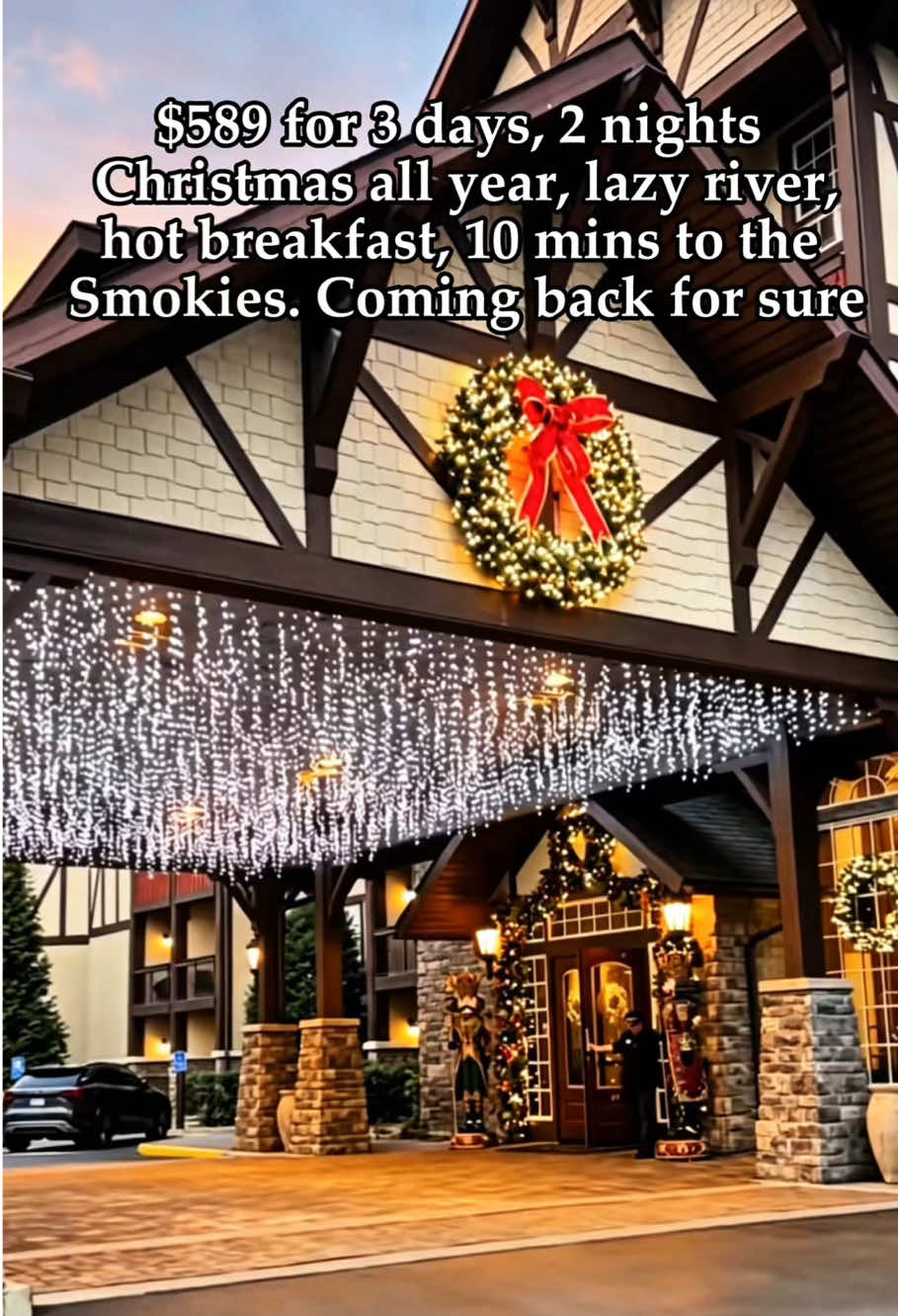 Four-star hotel in Pigeon Forge, Tennessee 🎄 Christmas decor all year, Bavarian-style building with mountain-view balconies. Snow falls in the lobby daily ❄️ trees, lights and gingerbread houses on every floor, Santa tells stories each evening. Indoor pool, lazy river, hot tub, gym, free hot breakfast. About 10 min to Great Smoky Mountains National Park, walk to restaurants and shops. $589 for 3 days / 2 nights. #travel #hotel #PigeonForge #Tennessee #Christmas 