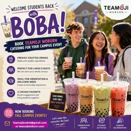 Head over to Teamojiwoburn.com for all your back-to-school catering needs, plus we’re available for any other events you have coming up, so come check us out! 🍎🍱🚚 #catering #events #backtoschool#BobaTea #Professors 