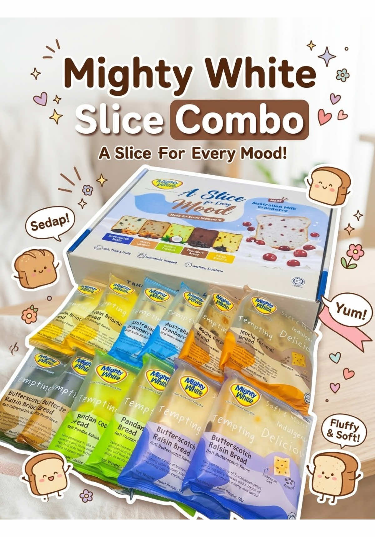 Berbaloi teruk 1 box dapat 12 pcs roti gebu pelbagai perasa. Bungkus individu kemas, senang nak bawa travel atau buat stok office. #mightywhite #rotimightywhite #rotislice #packagingkemas #travelsnack 