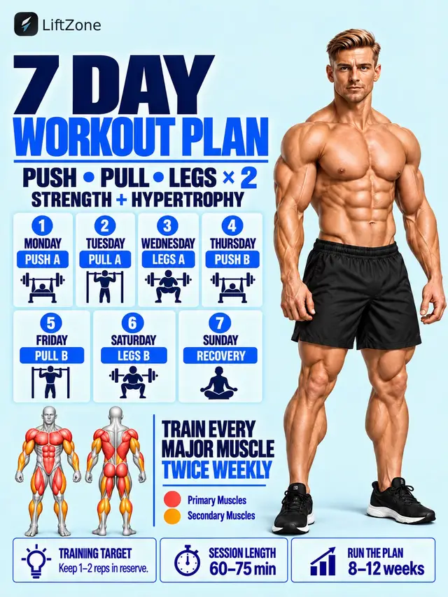 The mistake is repeating the exact same workout. This version uses heavier A days and higher-rep B days, so every major muscle gets trained twice without filling the week with low-quality volume. Keep 1–2 reps in reserve, log every set and only add weight when you reach the top of the rep range with clean form. Sunday is recovery, not a missed workout. Save it and run it for 8–12 weeks. #WorkoutPlan #PushPullLegs #FYP #MuscleBuilding #LiftZone
