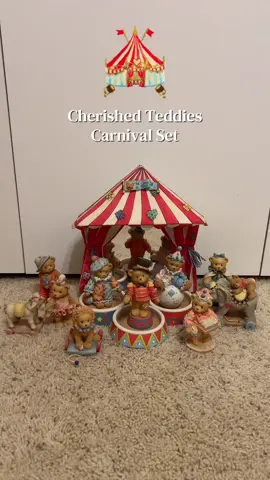 My Cherished Teddies Carnival set! This set comes with 9 Cherished Teddies, a display stage, and a carnival tent mirror. This is listed on my Depop: angelsdepot for anyone interested! If you are in the Houston area, we can meet up for a discounted price too🎪🎡🎠 #cherishedteddies #carnival #circus #clowncore #teddybear