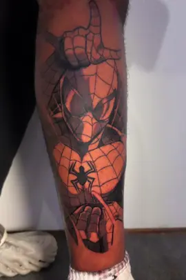 SPIDER-MAN LEG QUARTER SLEEVE 🕸️ Had a blast bringing one of my favorite characters to life! 🔥 📍Minnesota | 📆 NOW BOOKING DM me and submit your idea through  to book. 🕷️ #spiderman #minnesota #tattoos #explore #saintpaultattooartist