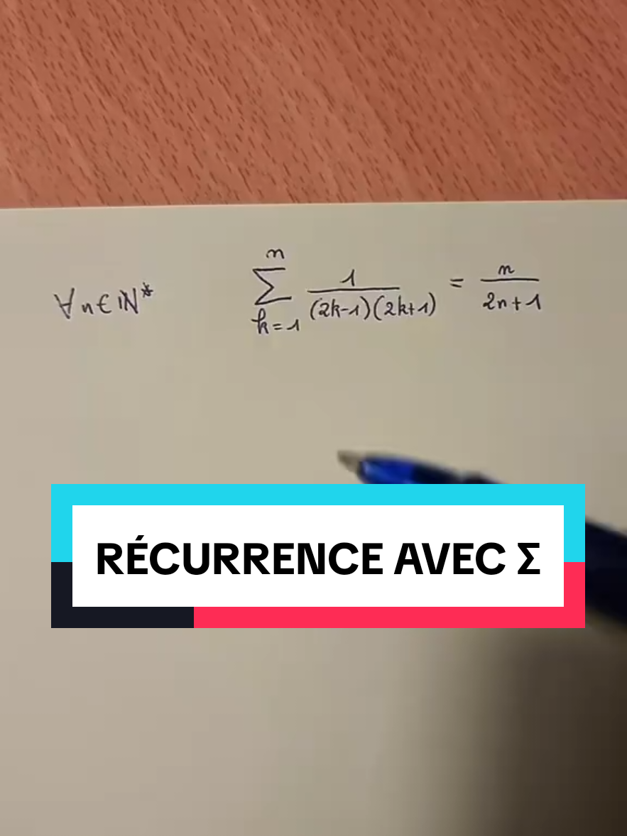 Comment faire une récurrence avec une somme et le symbole Σ ? Pour démontrer ∑ₖ₌₁ⁿ 1/((2k−1)(2k+1)) = n/(2n+1), le passage de n à n+1 repose sur un découpage très simple : ∑ₖ₌₁ⁿ⁺¹ aₖ = ∑ₖ₌₁ⁿ aₖ + aₙ₊₁. C’est sur la première somme, et seulement sur elle, qu’on utilise ensuite l’hypothèse de récurrence. #Maths #Recurrence #Sigma #somme 