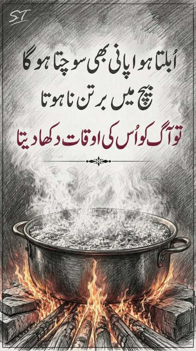یہ تصویری تحریر ایک گہری حقیقت کو بیان کرتی ہے۔ کھولتا ہوا پانی اگربراہ راست آگ پر گر جائے تو وہ اسے پل بھر میں بجھا سکتا ہے، لیکن درمیان میں موجود برتن (جو کہ وقت، حالات یا صبر کی علامت ہے) پانی کی اس طاقت کو روکے رکھتا ہے۔ ہماری زندگی میں بھی جب جذبات، غصہ یا درد کا ابال آتا ہے تو انسان آگ کو بھی ٹھنڈا کرنے کا ظرف رکھتا ہے، مگر ہمارے راستے میں بعض اوقات رشتے، مجبوری اور حالات کے 