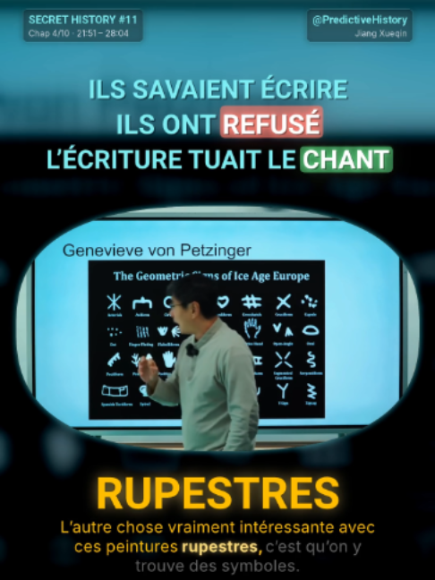 Secret History #11 [Chap 4/10] — Ils savaient écrire. Ils ont refusé. L'écriture tuait le chant. Le point de départ est un travail réel : Genevieve von Petzinger, archéologue canadienne, a passé des décennies à parcourir les grottes d'Europe pour cataloguer leurs signes géométriques. Ce ne sont pas des images, dit-elle : c'est un système. Jiang Xueqin en tire une thèse. Dans ce monde-là, parler revient à canaliser le divin, donc écrire revient à le contrefaire — on ne capture pas la musique par écrit. Et surtout, chanter, peindre et parler se font ensemble, alors qu'écrire isole. Les signes eux-mêmes, ajoute-t-il, viennent en rêve ou par inspiration, jamais d'une délibération. Il leur attribue trois fonctions : dire ce qui ne se dessine pas — l'énergie, les cycles —, visualiser ce que les esprits communiquent en images, et raconter qui l'on est pour faire tenir une communauté. Un élève lui demande s'il s'agissait de se connecter au divin. Réponse : non, il est déjà partout. Ce qu'on cherche, c'est l'harmonie. Et le street art de votre quartier, conclut-il, fait exactement la même chose. Analyses et spéculations de Jiang Xueqin — traduction éducative indépendante. On traduit, on ne cautionne pas. À vous de juger. #histoire #archéologie #écriture #linguistique #culturegénérale #éducation #doublage #anthropologie #art #spiritualité #SH11 #CHAP4 #vonpetzinger #signesgeometriques #grottes #systemedecriture #oralite #chant #symboles #alchimie #reve #inspiration #streetart #graffiti #communaute #harmonie
