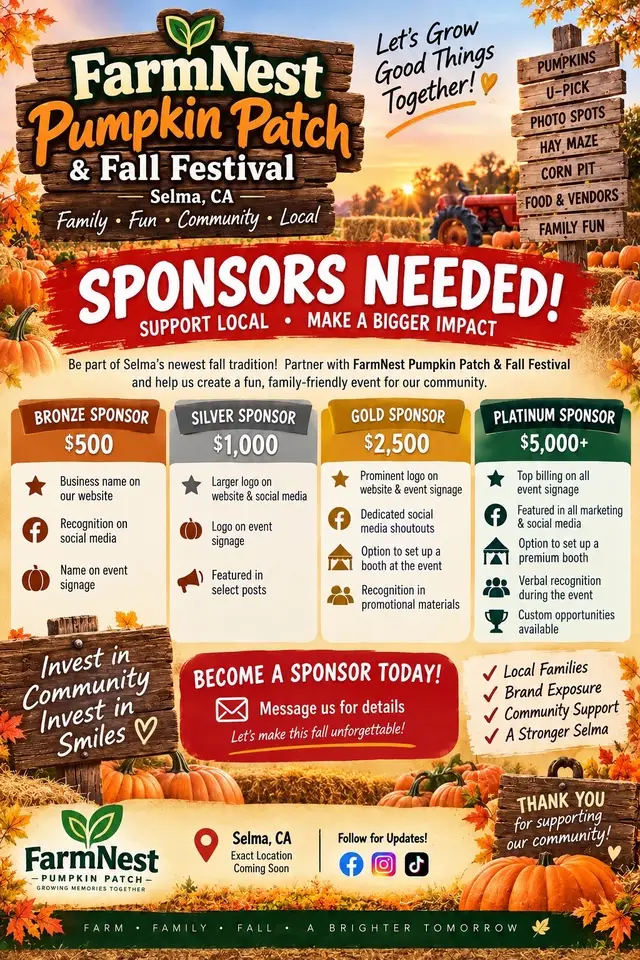 🎃 We’re Looking for Sponsors! Join FarmNest Pumpkin Patch & Fall Festival this October and help us create something special for our local families. ❤️ Your Brand + Our Fall Festival = Stronger Community. 🤝🎃 📩 Message us for sponsorship details!